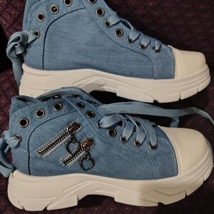 Stylish Denim High-Top Sneakers with White Soles
